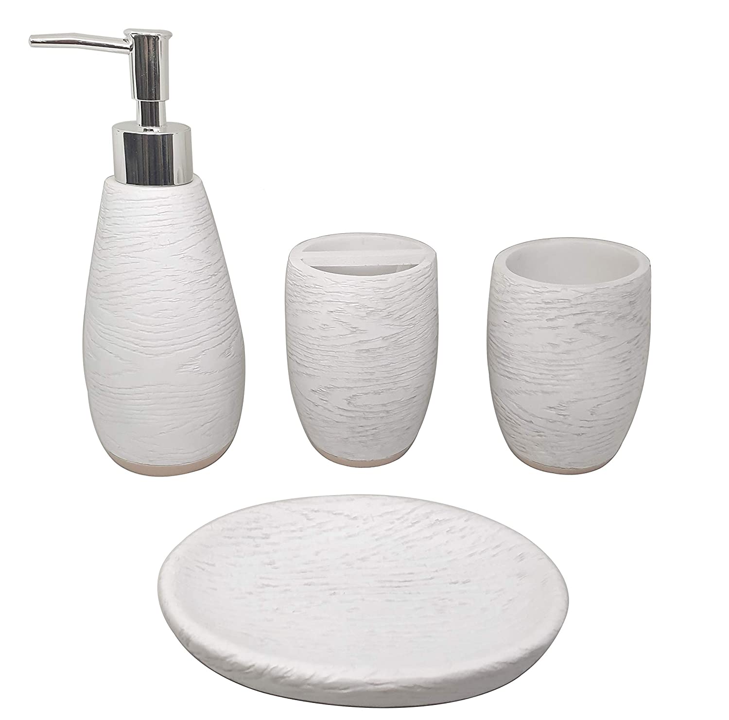 Aquieen Polyresign 4 Pieces Bathroom Set-Liquid Soap Dispenser, Toothbrush Holder, Tumbler & Soap Dish Holder (White Wood)