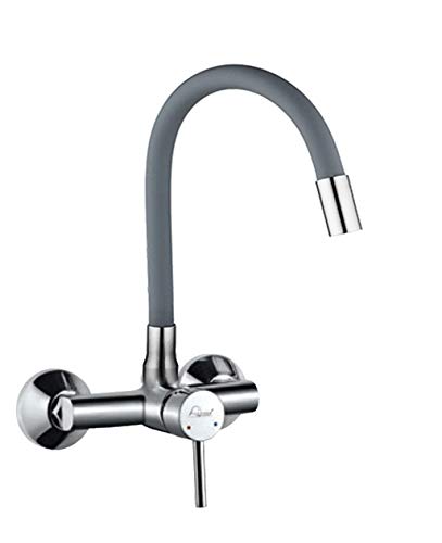 Aquieen Wall Mounted Single Lever Sink Mixer with provision for hot & cold water with 360 degree hi-neck spout, connecting legs & wall flanges (SLSM - Fluid - Grey)