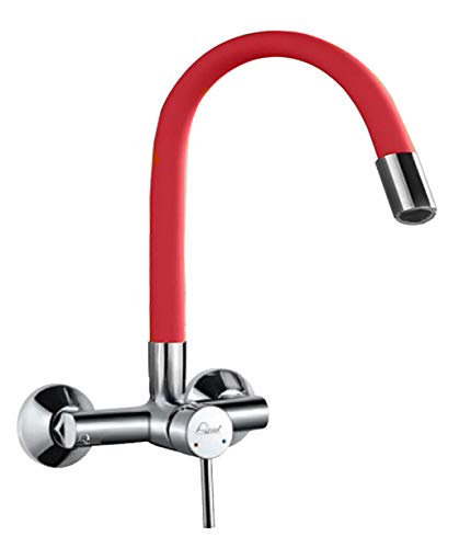 Aquieen Wall Mounted Single Lever Sink Mixer with provision for hot & cold water with 360 degree hi-neck spout, connecting legs & wall flanges (SLSM - Fluid - Red)