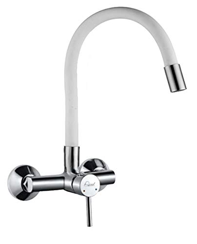 Aquieen Wall Mounted Single Lever Sink Mixer with provision for hot & cold water with 360 degree hi-neck spout, connecting legs & wall flanges (SLSM - Fluid - White)