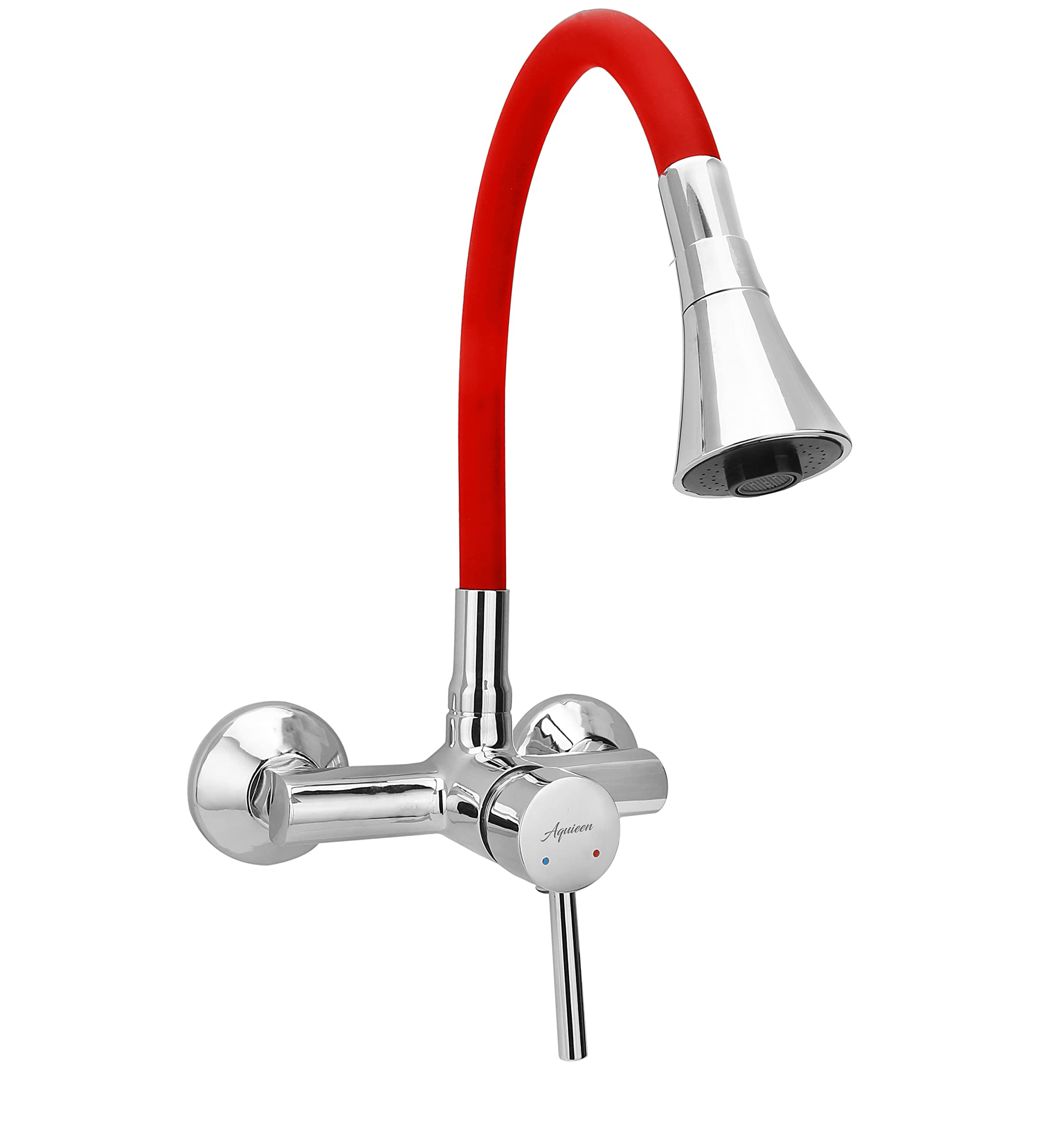 Aquieen Wall Mounted Single Lever Sink Mixer with provision for hot & cold water with flexible spout (Double Flow) (Red Chrome)