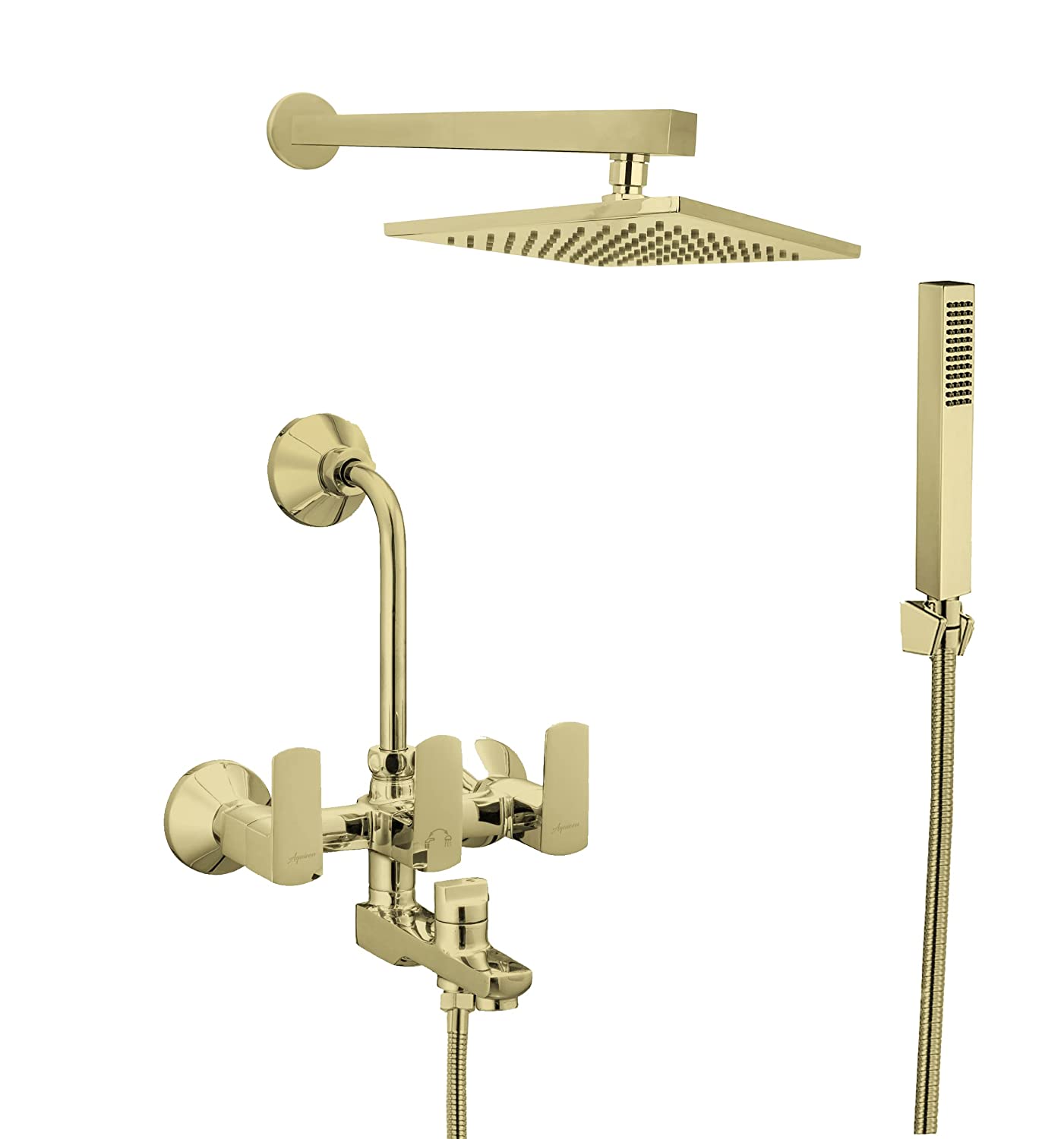 Aquieen Zura 3 in 1 Telephonic Wall Mixer with Overhead Shower & Hand Shower with L-Bend & Connecting Legs (Gold)