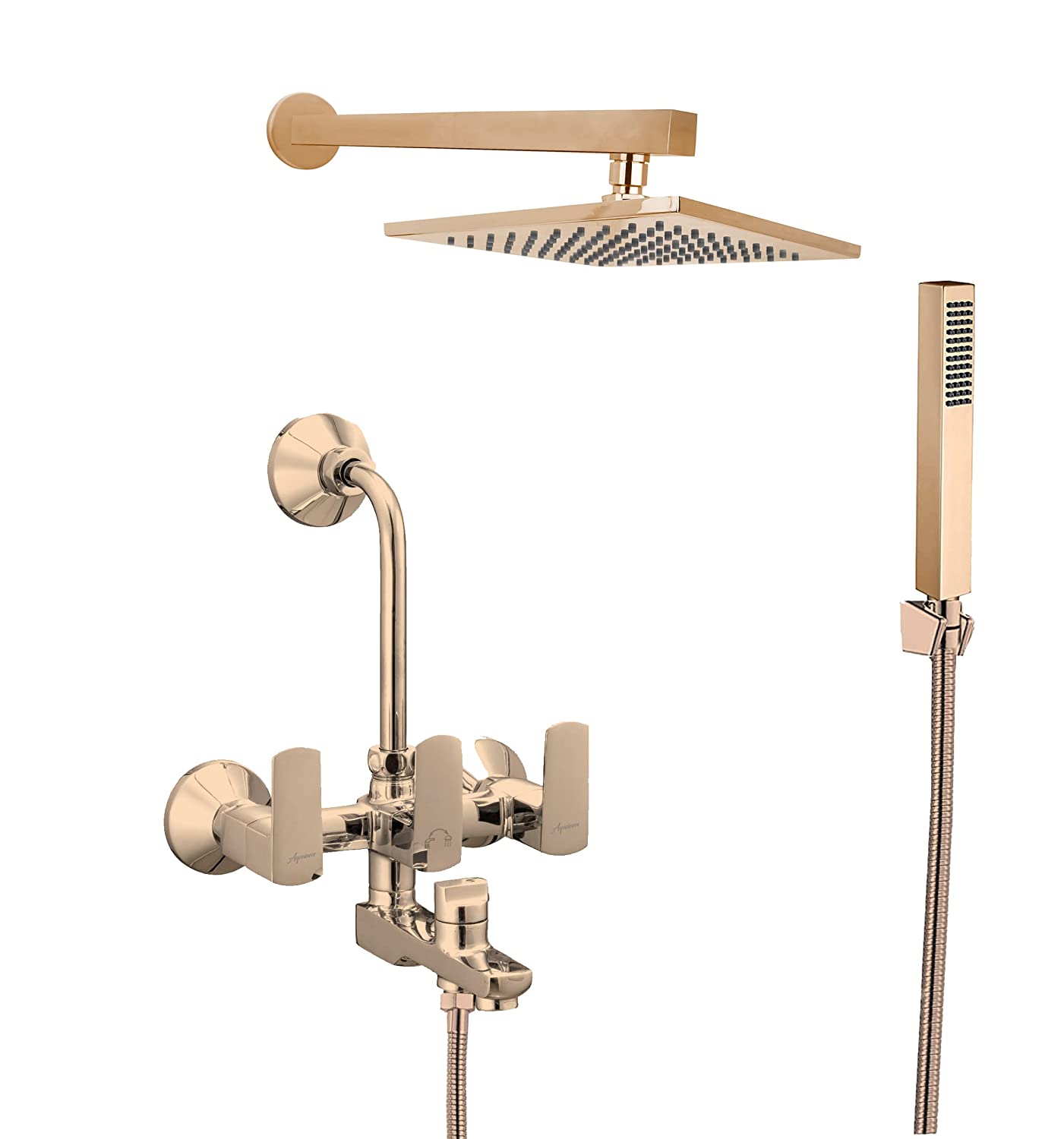 Aquieen Zura 3 in 1 Telephonic Wall Mixer with Overhead Shower & Hand Shower with L-Bend & Connecting Legs (Rose Gold)