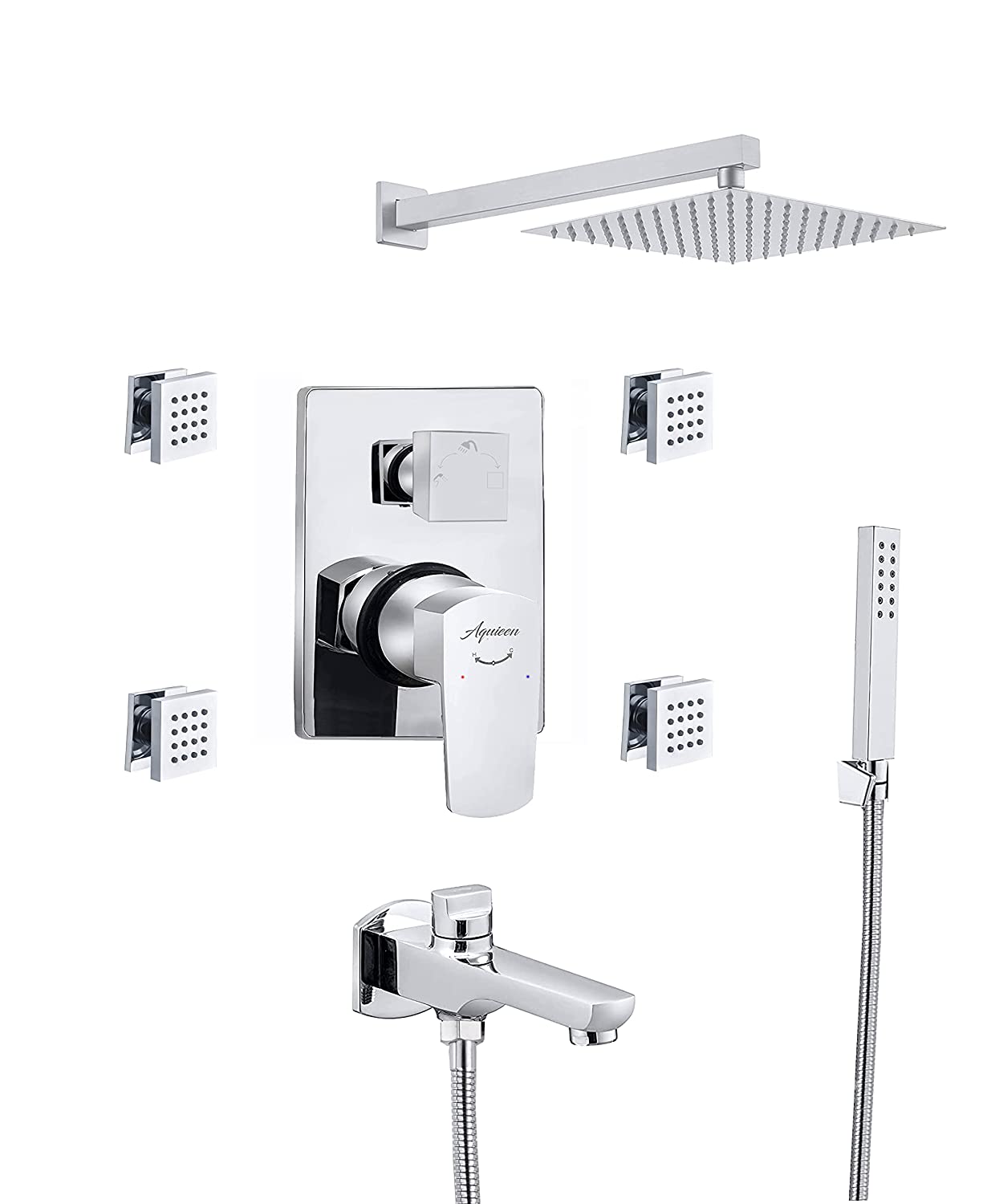 Aquieen Zura 3 Outlet Diverter with Ceiling Shower 10 x 15" Rain with Mist & Spout with Hand Shower