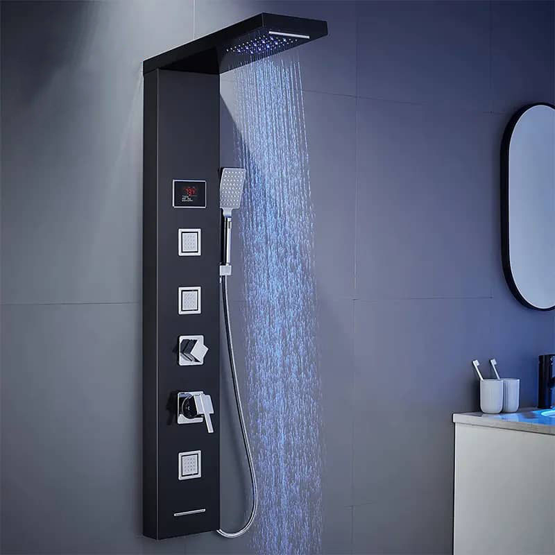 Aquieen Wall Mounted 5 in 1 Bathroom Mixer LED Shower Panel with Body Jet SS 304 (Black)