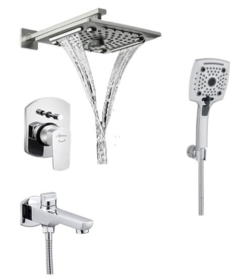 Aquieen Zura Series Brass Concealed Body High Flow Diverter with Exposed Part Kit, Showers and Spout (Zura Set with 10" Rubbic Overhead Shower & Hand Shower)