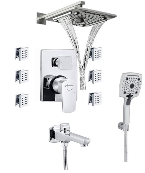 Aquieen Zura Series 3 Outlet Diverter Set with shower & Hand Shower (Zura 6 Body Jet Diverter Set with 5 Functions 10 X 10" Overhead Shower)