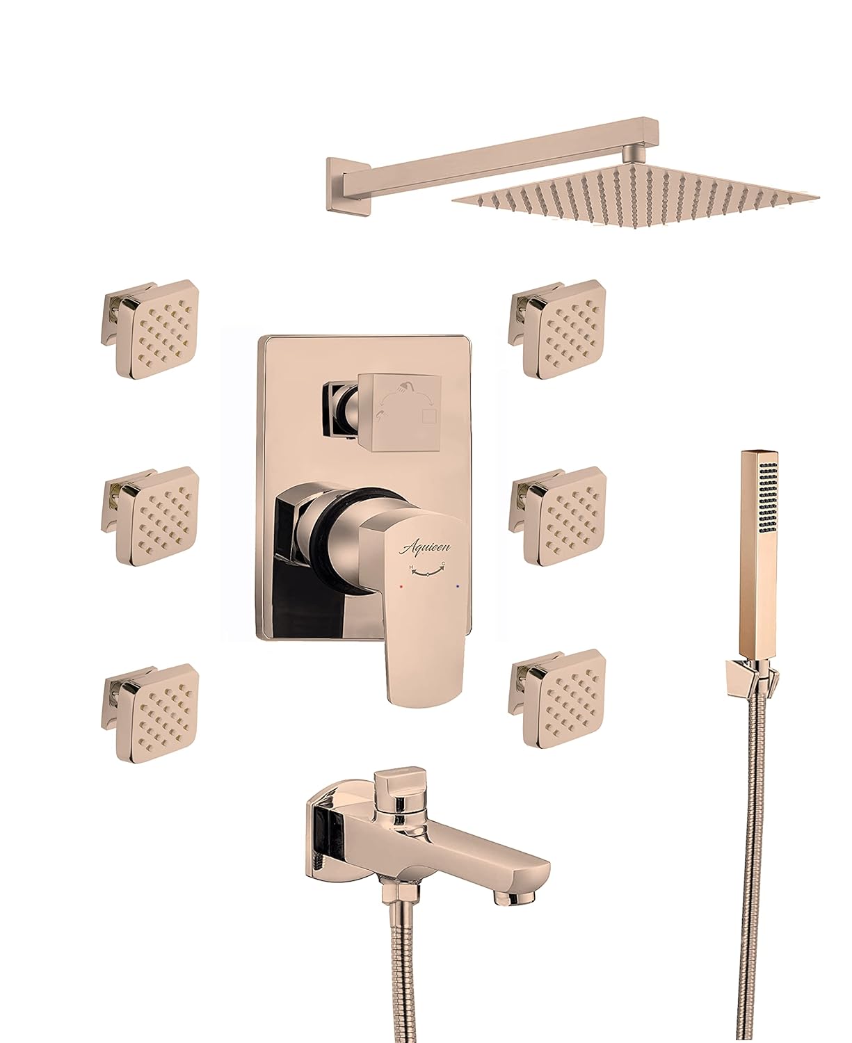 Aquieen Zura 3 Outlet Diverter with 6 Body Jet, Spout, Shower with Arm & Hand Shower (Rose Gold)