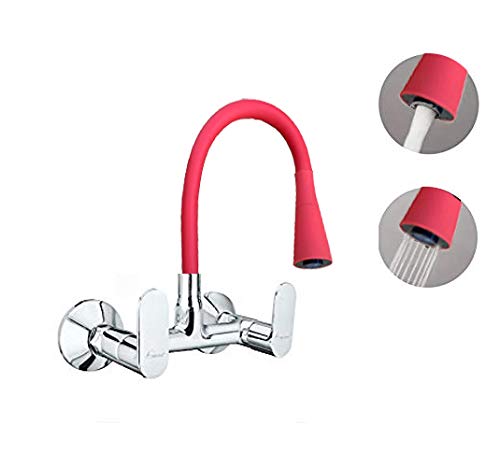 Aquieen Wall Mounted Brass Kitchen Sink Mixer with Flexible Spout (Red - Shower)