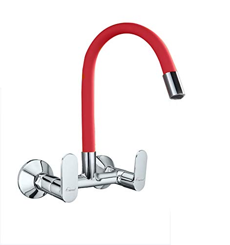 Aquieen Wall Mounted Brass Kitchen Sink Mixer with Flexible Spout (Red)