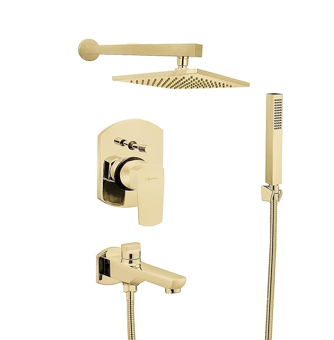 Aquieen Luxury Series Brass Concealed Body High Flow Diverter With Showers and Spout & Hand Shower Zura Collection (Gold)