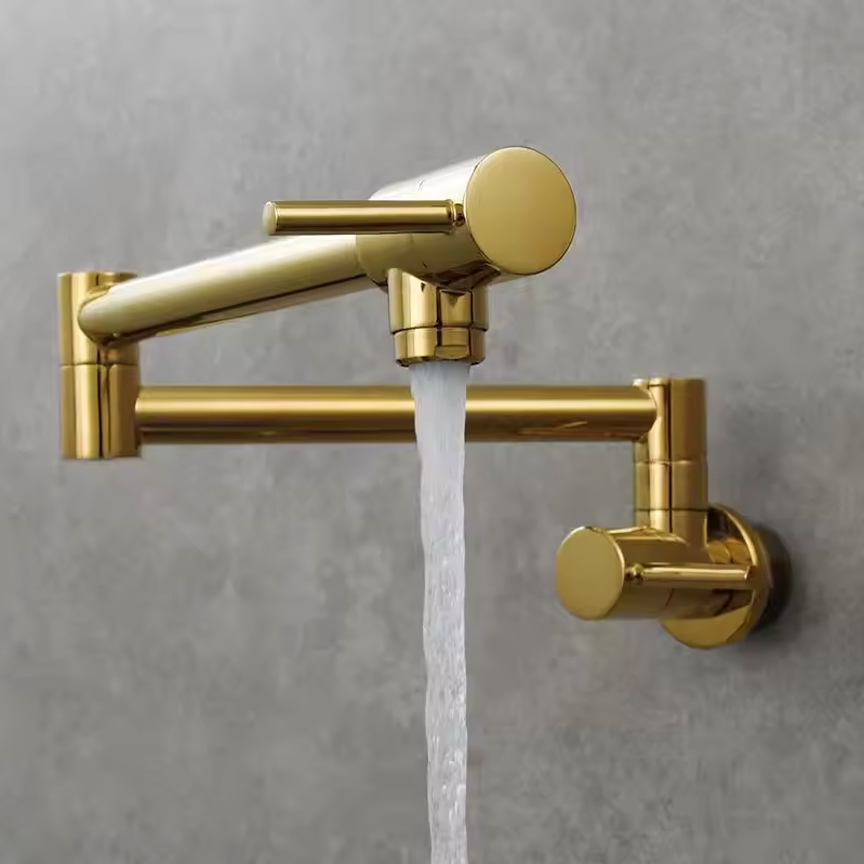 Aquieen Wall-Mounted Pot Filler Faucet with Swing Arm & Folding Design | Modern Kitchen Sink Faucet Folding Stretchable with Single Hole Two Handles (Gold)