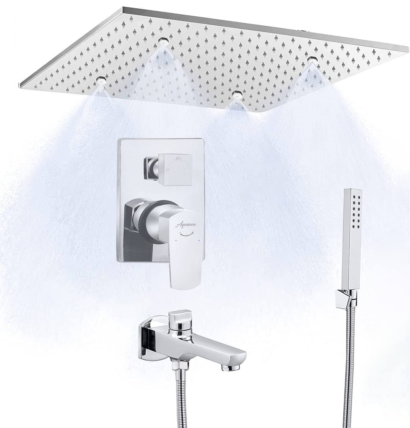 Aquieen Zura 3 Outlet Diverter with Ceiling Shower 16 x 16" Rain with Mist & Spout with hand shower