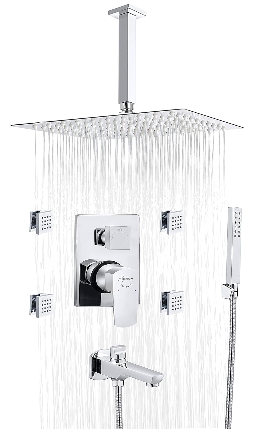 Aquieen Zura Series 3 Outlet Diverter Set with 4 Body Jet, Ceiling Shower 12 x 12, 9" Arm & Hand Shower Complete Set